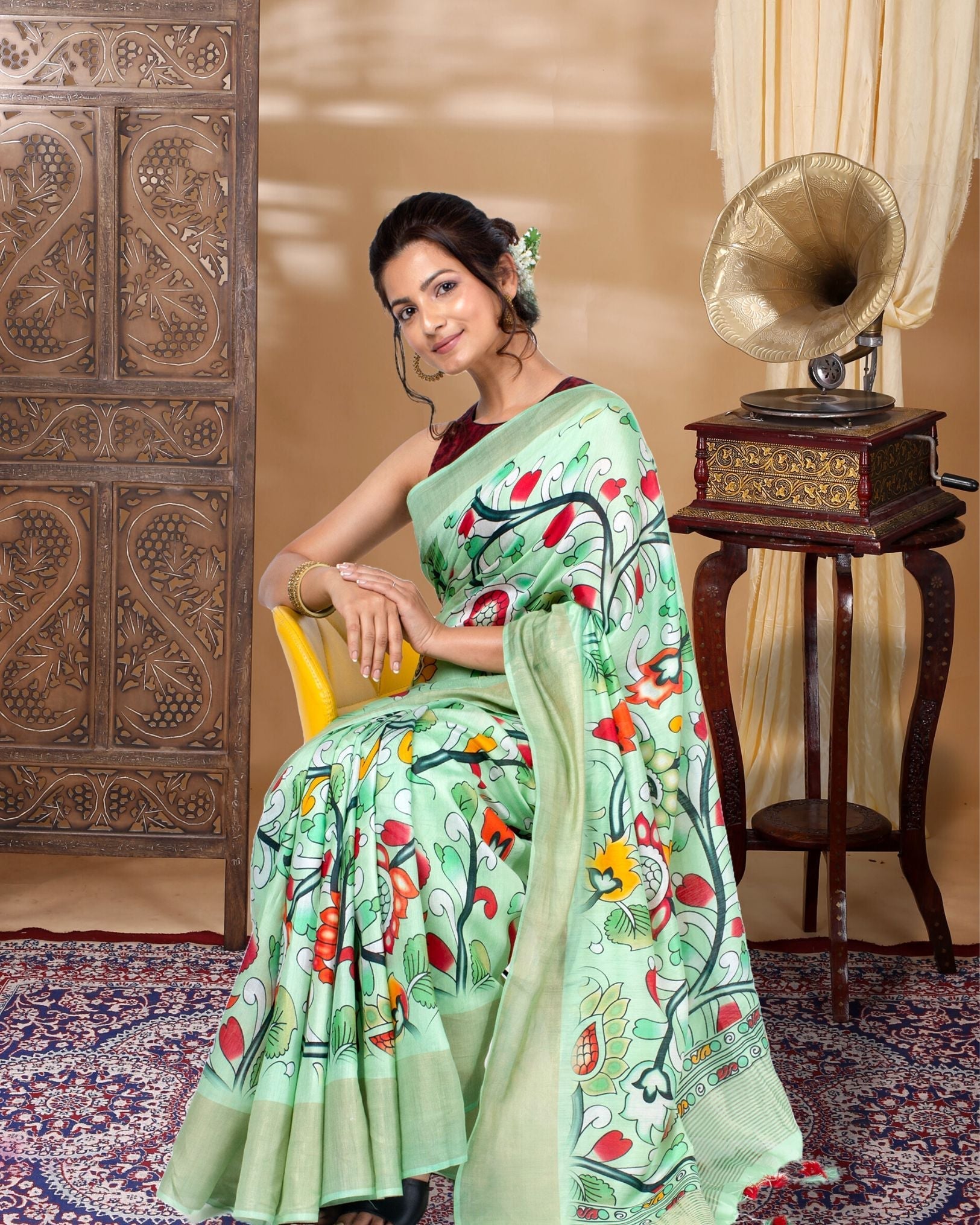 Ziyorah| Digital Printed Moonga Tussar Silk Green Saree With Running Blouse