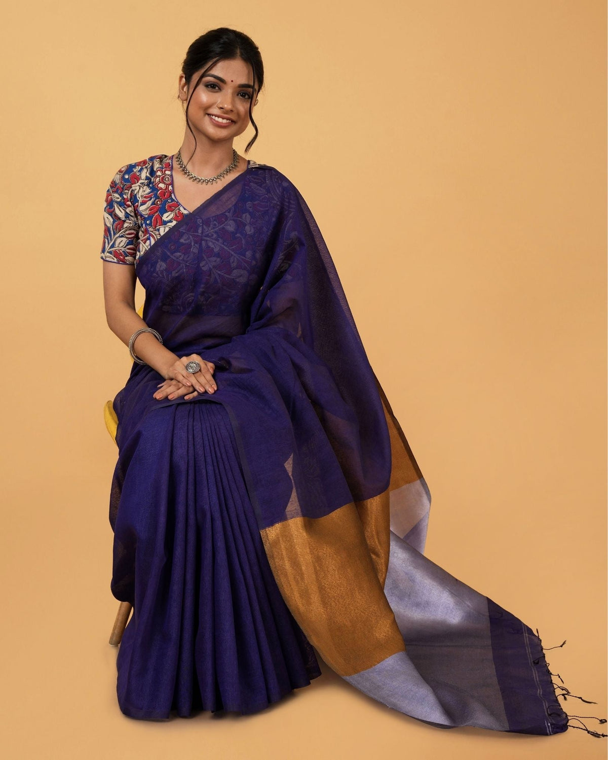 Ziyorah| Silk Linen Plain Saree Dark Blue Color With Contrast Border And Attached Running Blouse