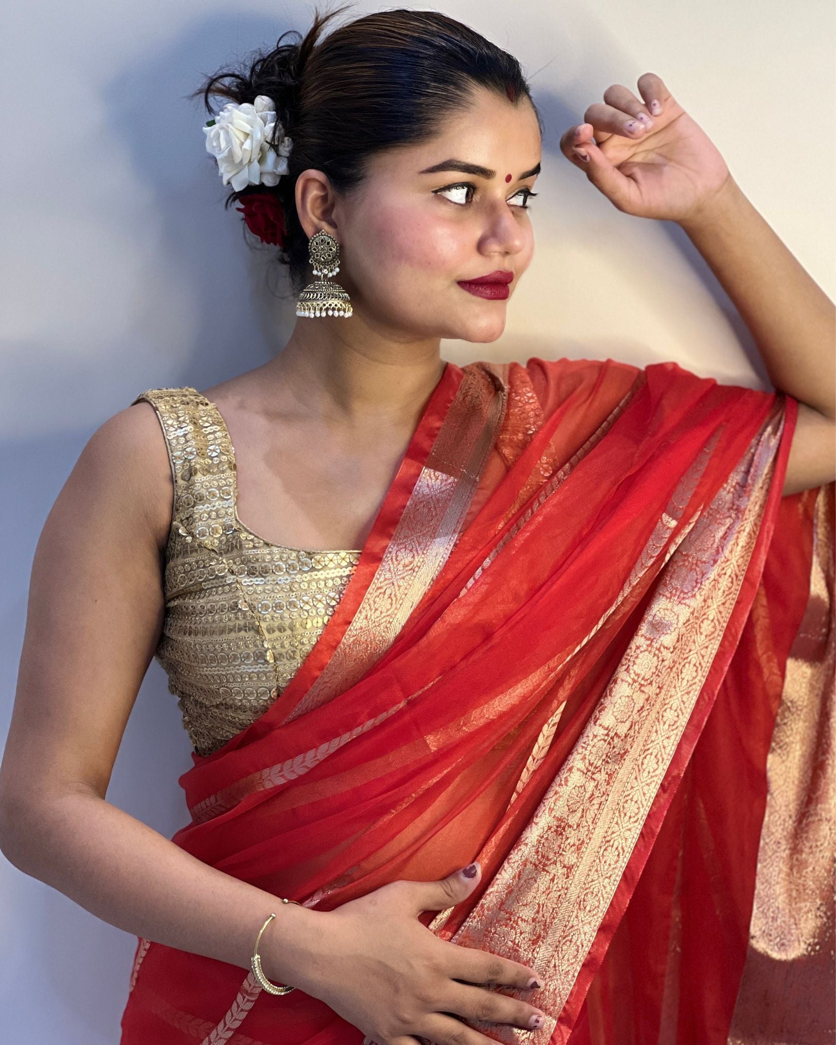 Ziyorah| Organza Pure Banarasi Silk Saree With Striped Body Running Blouse Red Colour