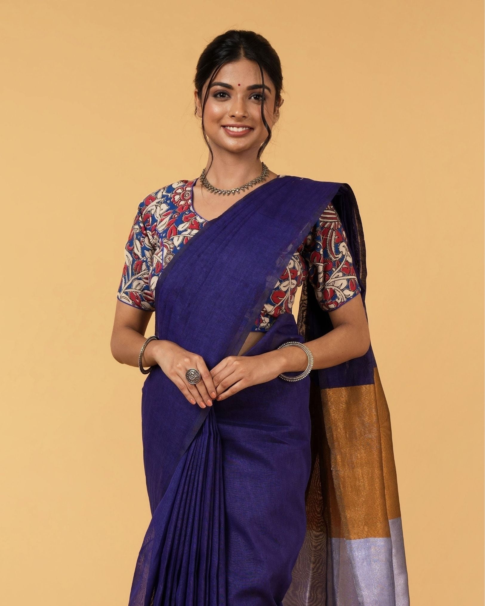 Ziyorah| Silk Linen Plain Saree Dark Blue Color With Contrast Border And Attached Running Blouse