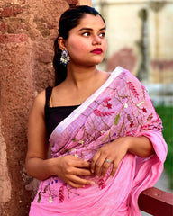 Ziyorah| Pure Linen Pink Embroidered Saree With Running Blouse