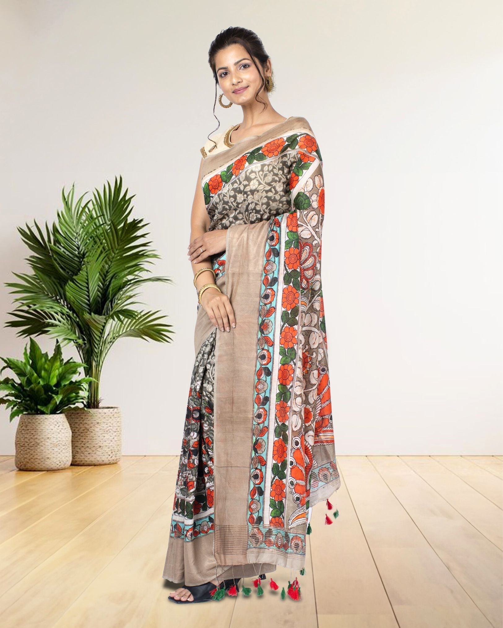 Ziyorah| Digital Printed Moonga Tussar Silk Grey Saree With Running Blouse