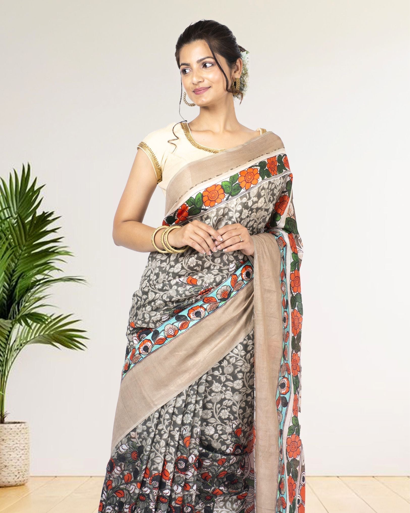 Ziyorah| Digital Printed Moonga Tussar Silk Grey Saree With Running Blouse