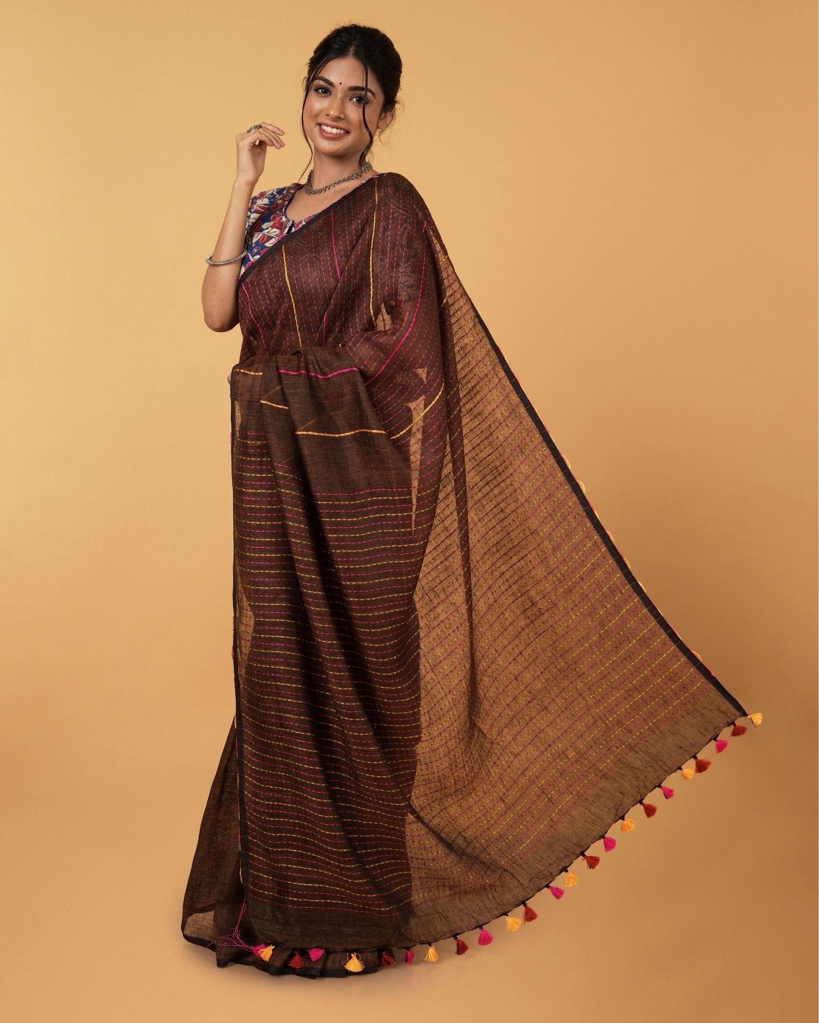 Ziyorah| Kantha Pure Linen Saree Brown Colour With Kantha Blouse