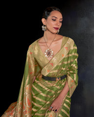 Ziyorah|Organza Silk Meenakari Weaving Green Saree|Stunning