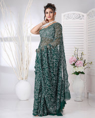 Ziyorah | Georgette Handcrafted Saree Dark Green Color Tepchi Work With Running Blouse