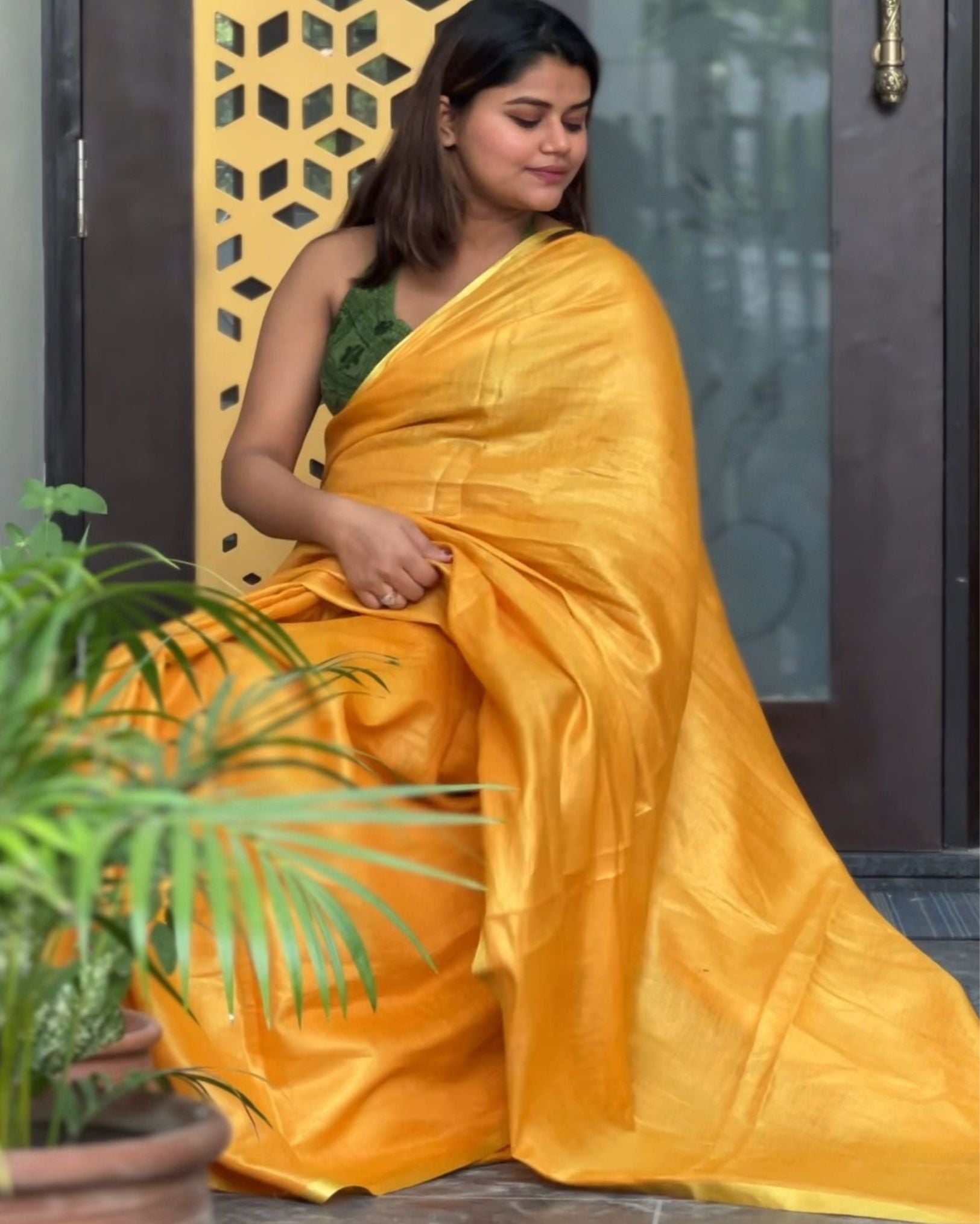 Ziyorah| Hand Dyed Pure Tissue Linen Yellow Color Saree With Running Blouse Hand Dyed