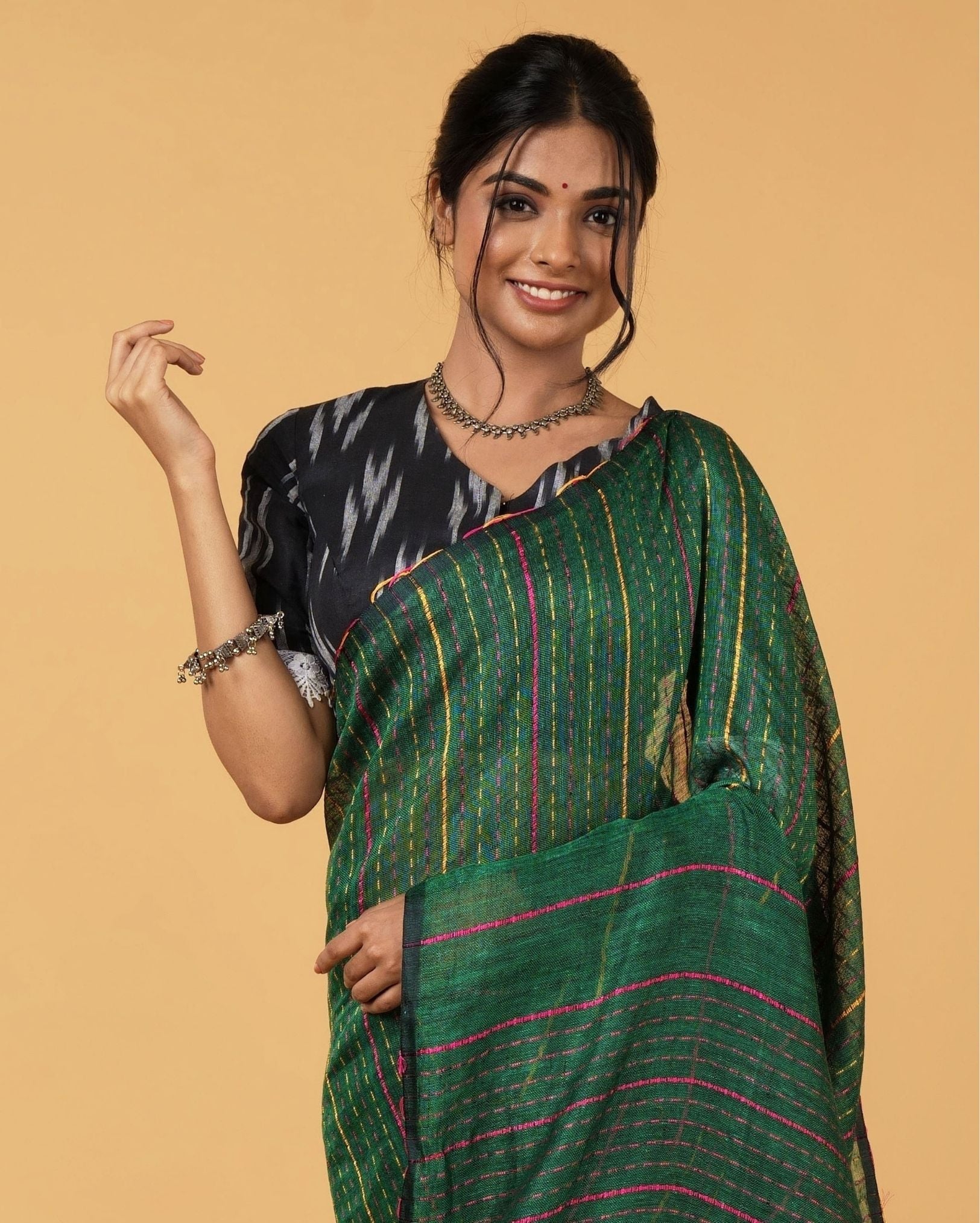 Ziyorah| Kantha Pure Linen Saree Spectra Green Colour With Kantha Blouse