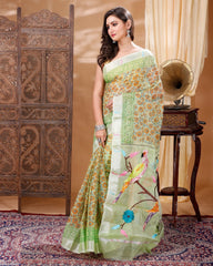 Ziyorah| Kota Doria Paithani Embroidery Designer Saree Light Green Colour With Running Blouse