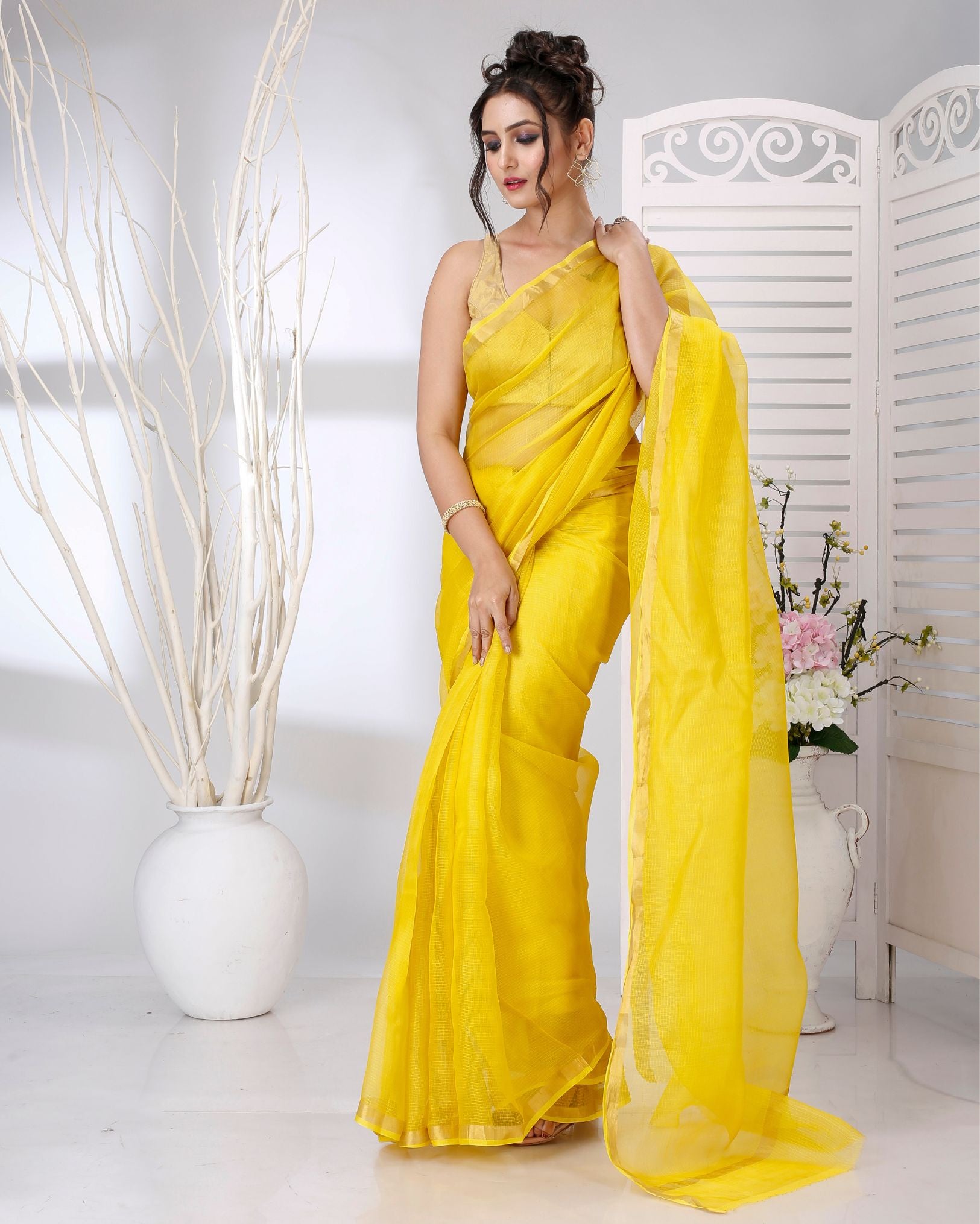 Ziyorah | Kota Silk Yellow Saree Plain With Running Blouse