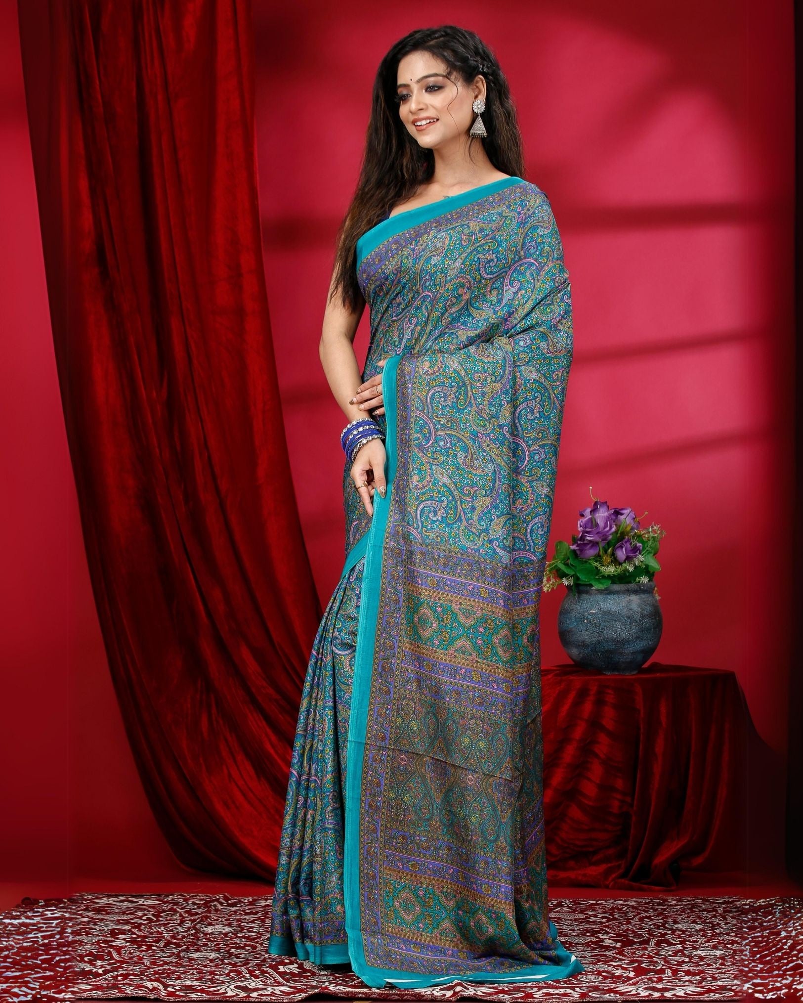 Ziyorah | Kashmiri Silk Green Printed Saree