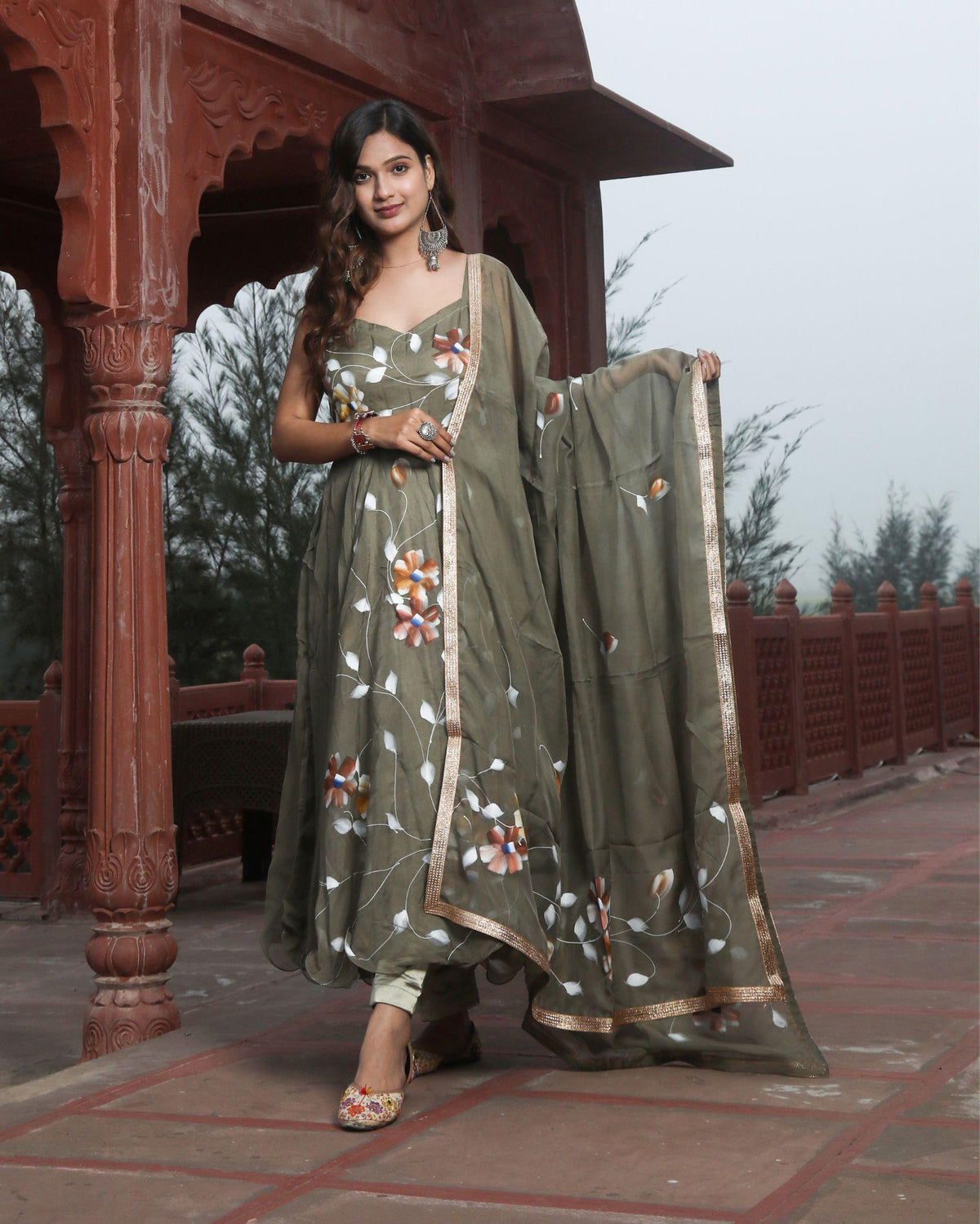 Ziyorah| Organza Gray Olive Suit Hand Painted Three Quarter Length Sleeve