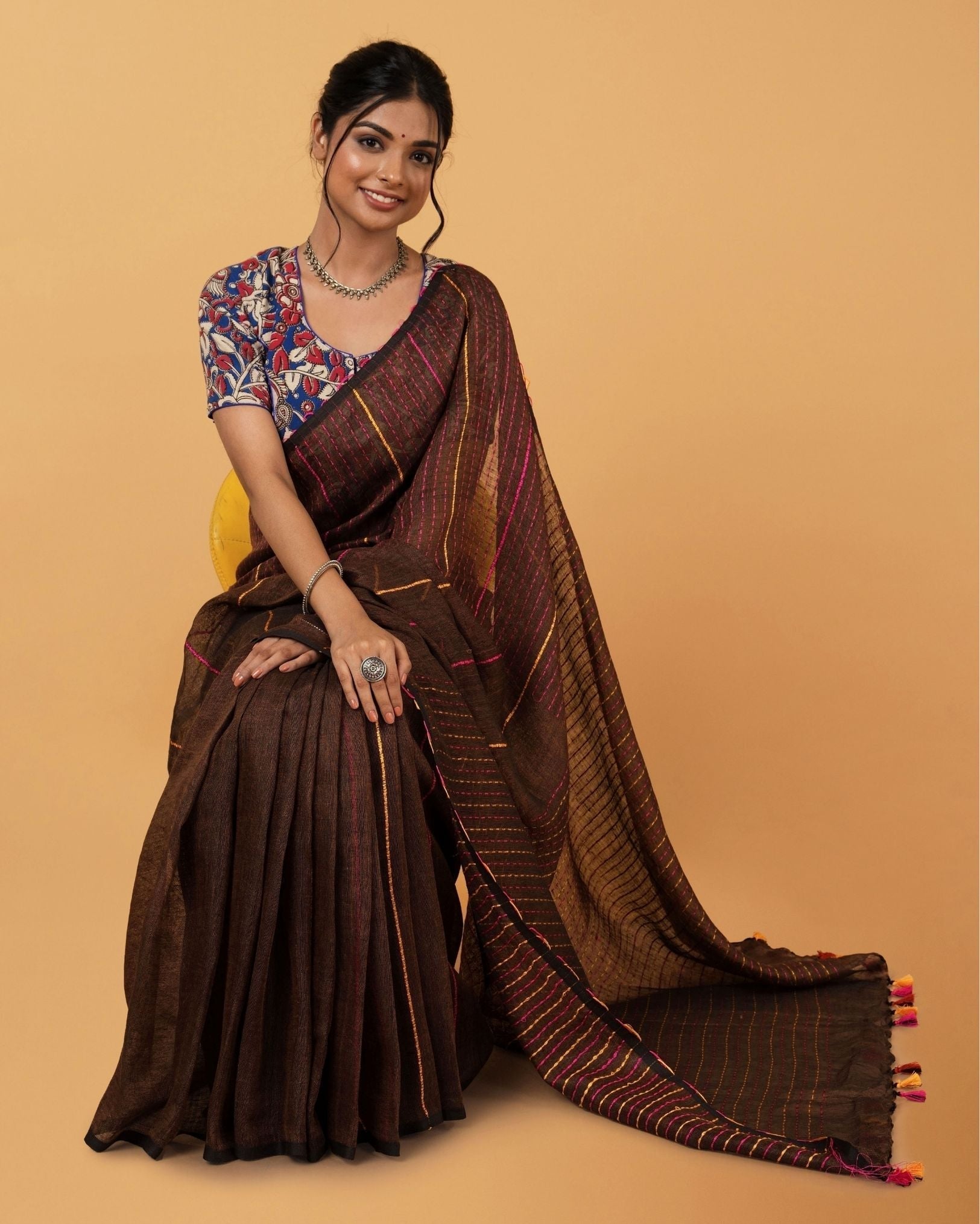 Ziyorah| Kantha Pure Linen Saree Brown Colour With Kantha Blouse