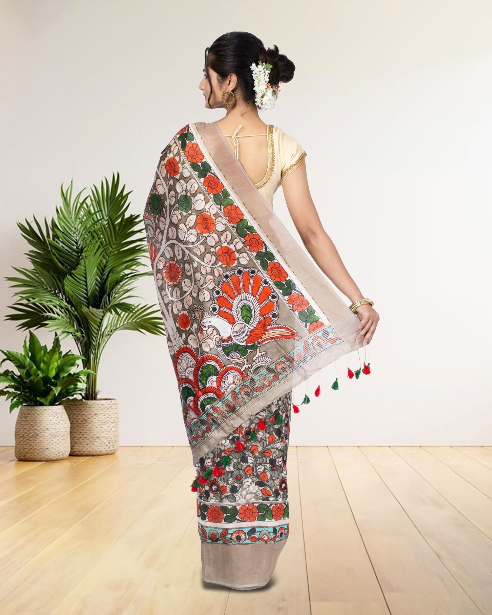 Ziyorah| Digital Printed Moonga Tussar Silk Grey Saree With Running Blouse