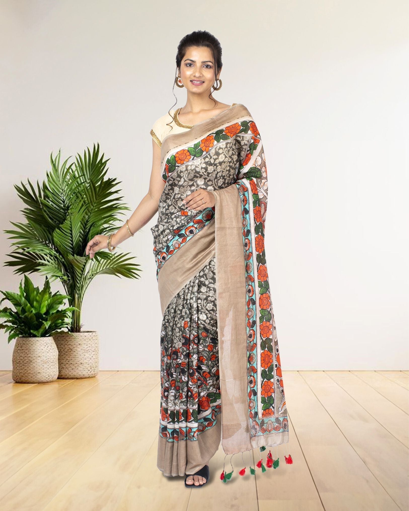 Ziyorah| Digital Printed Moonga Tussar Silk Grey Saree With Running Blouse