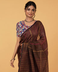 Ziyorah| Kantha Pure Linen Saree Brown Colour With Kantha Blouse