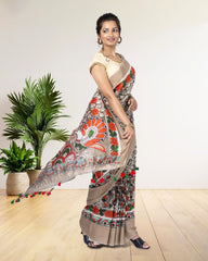 Ziyorah| Digital Printed Moonga Tussar Silk Grey Saree With Running Blouse