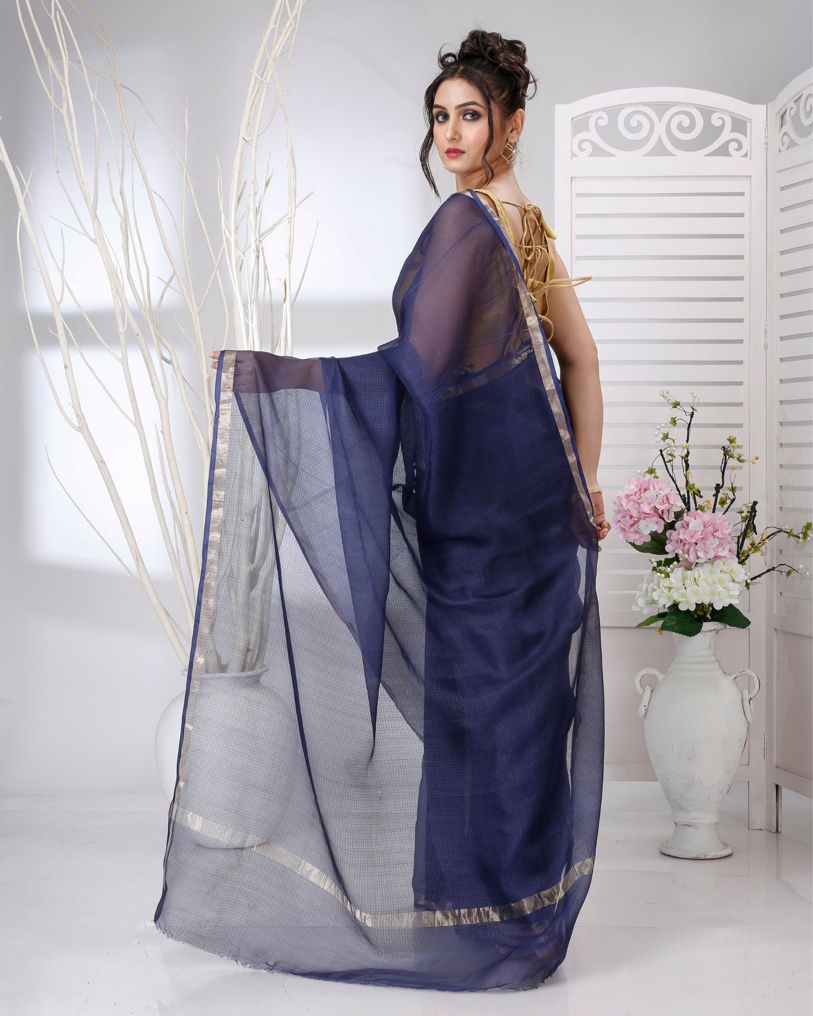 Ziyorah | Kota Silk Blue Saree Plain With Running Blouse