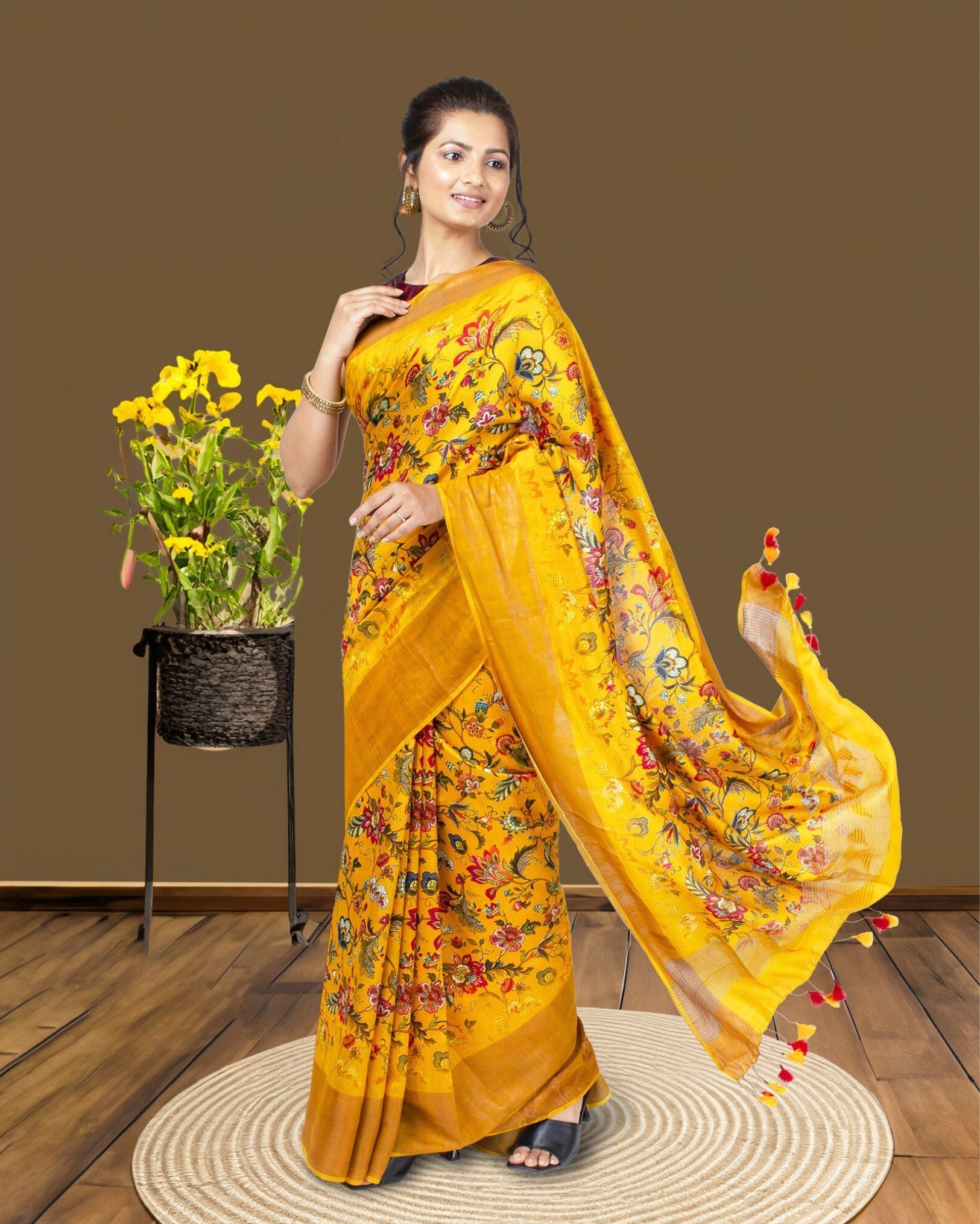 Ziyorah| Digital Printed Moonga Tussar Silk Yellow Saree With Running Blouse