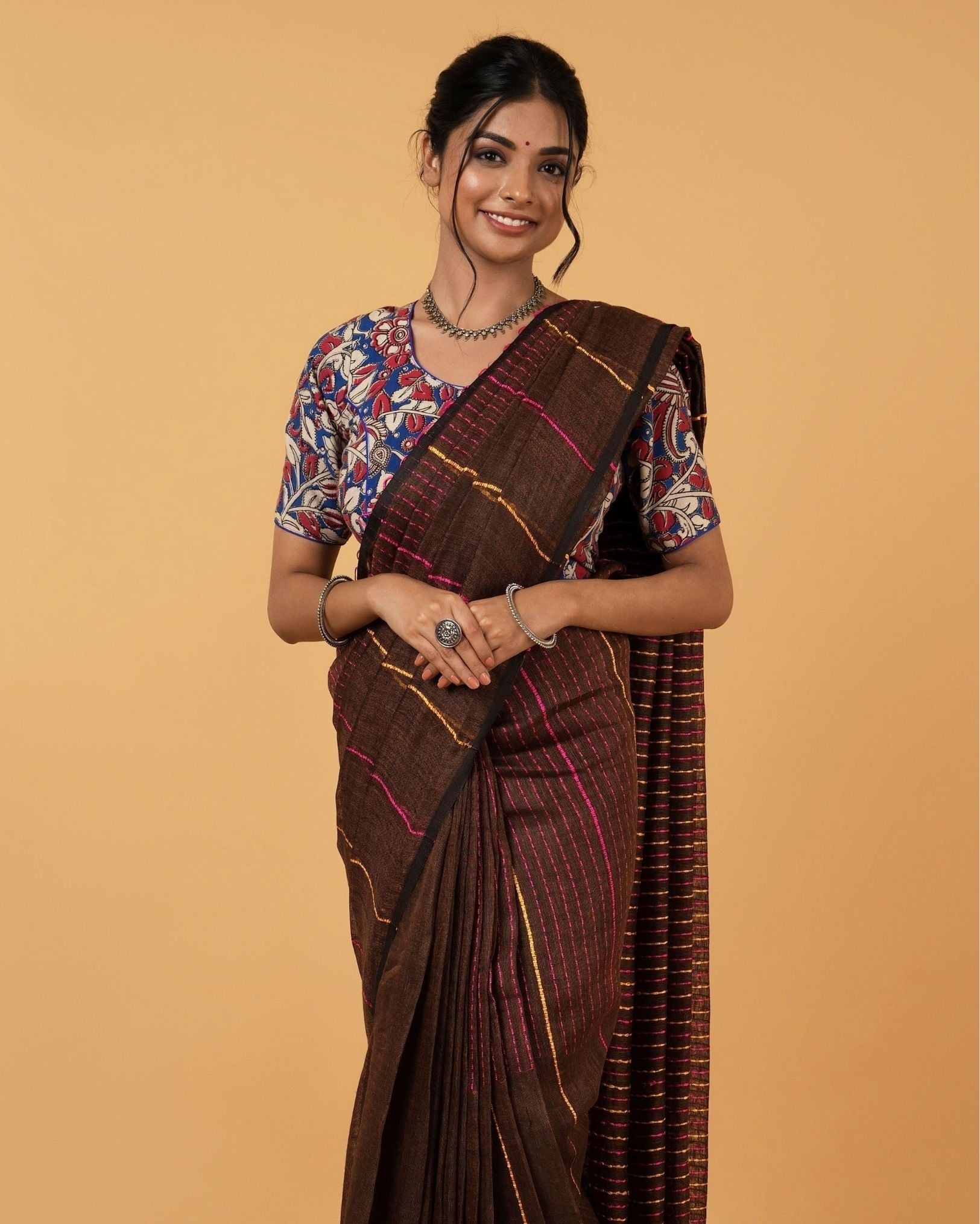 Ziyorah| Kantha Pure Linen Saree Brown Colour With Kantha Blouse