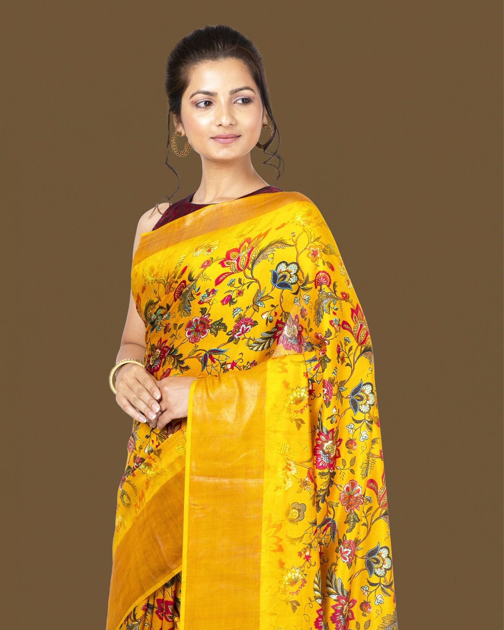 Ziyorah| Digital Printed Moonga Tussar Silk Yellow Saree With Running Blouse