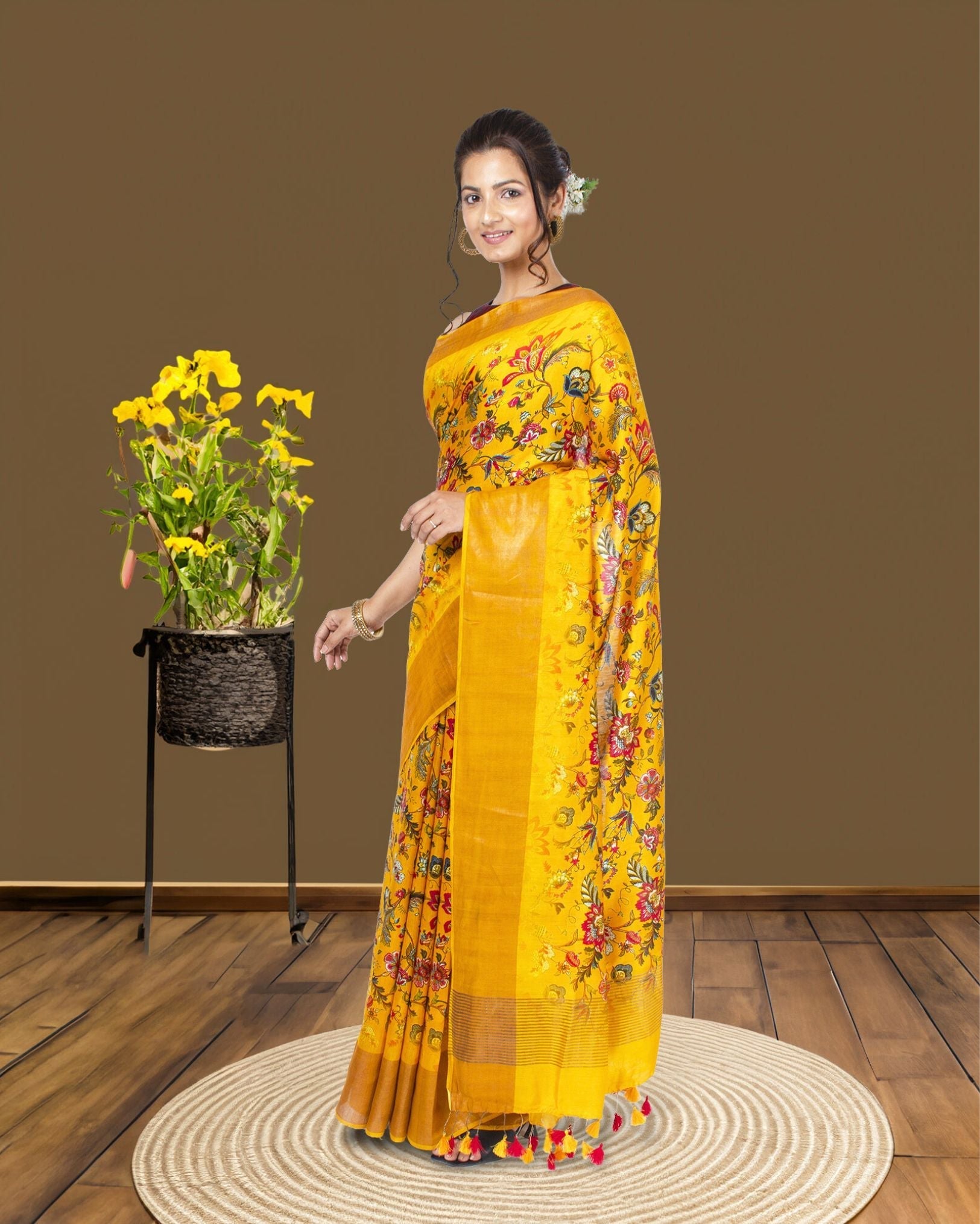 Ziyorah| Digital Printed Moonga Tussar Silk Yellow Saree With Running Blouse