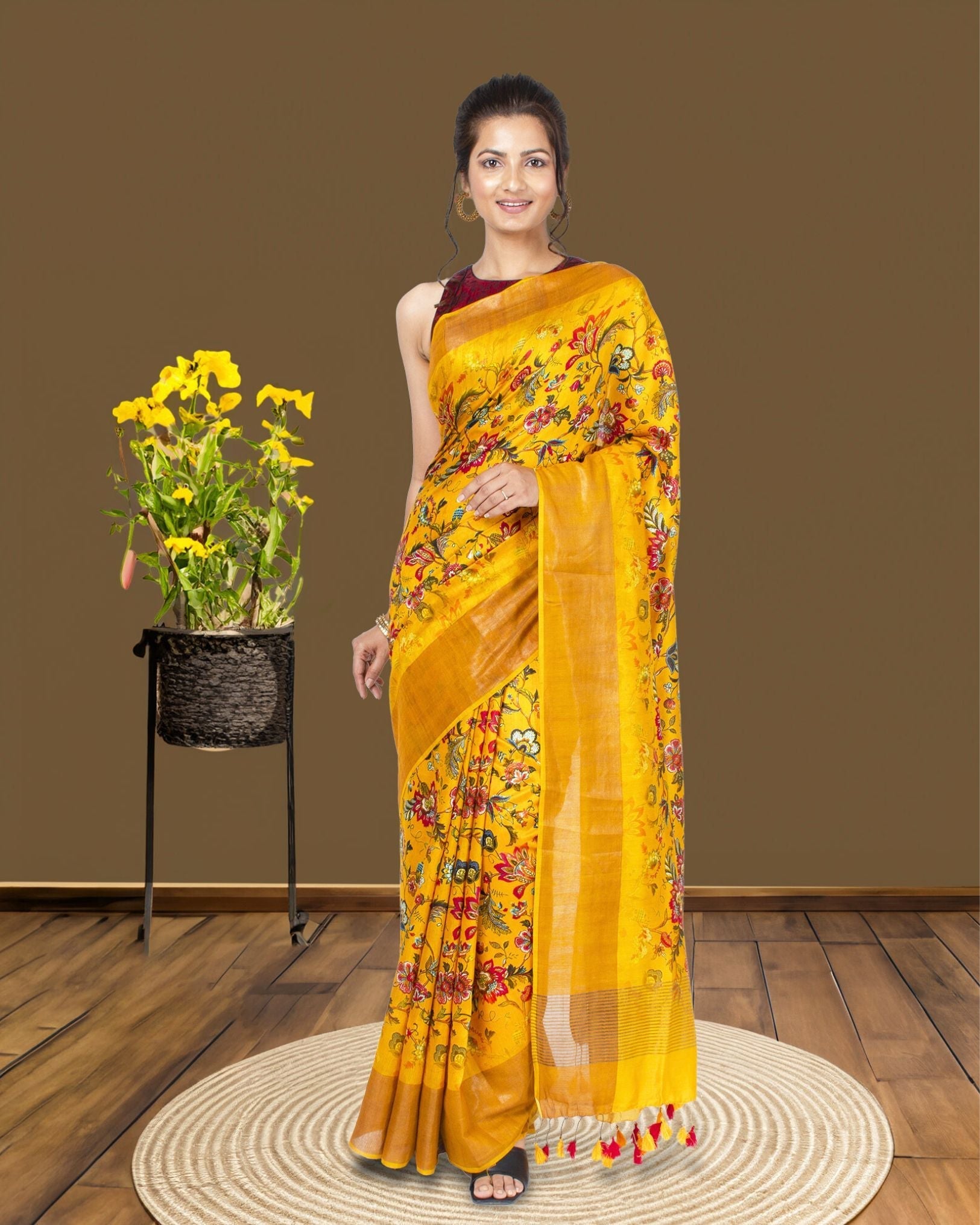 Ziyorah| Digital Printed Moonga Tussar Silk Yellow Saree With Running Blouse