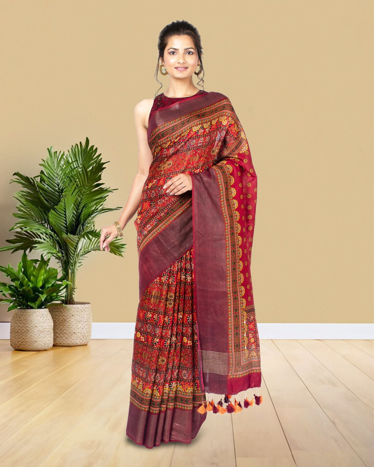 Ziyorah| Digital Printed Moonga Tussar Silk Red Saree With Running Blouse