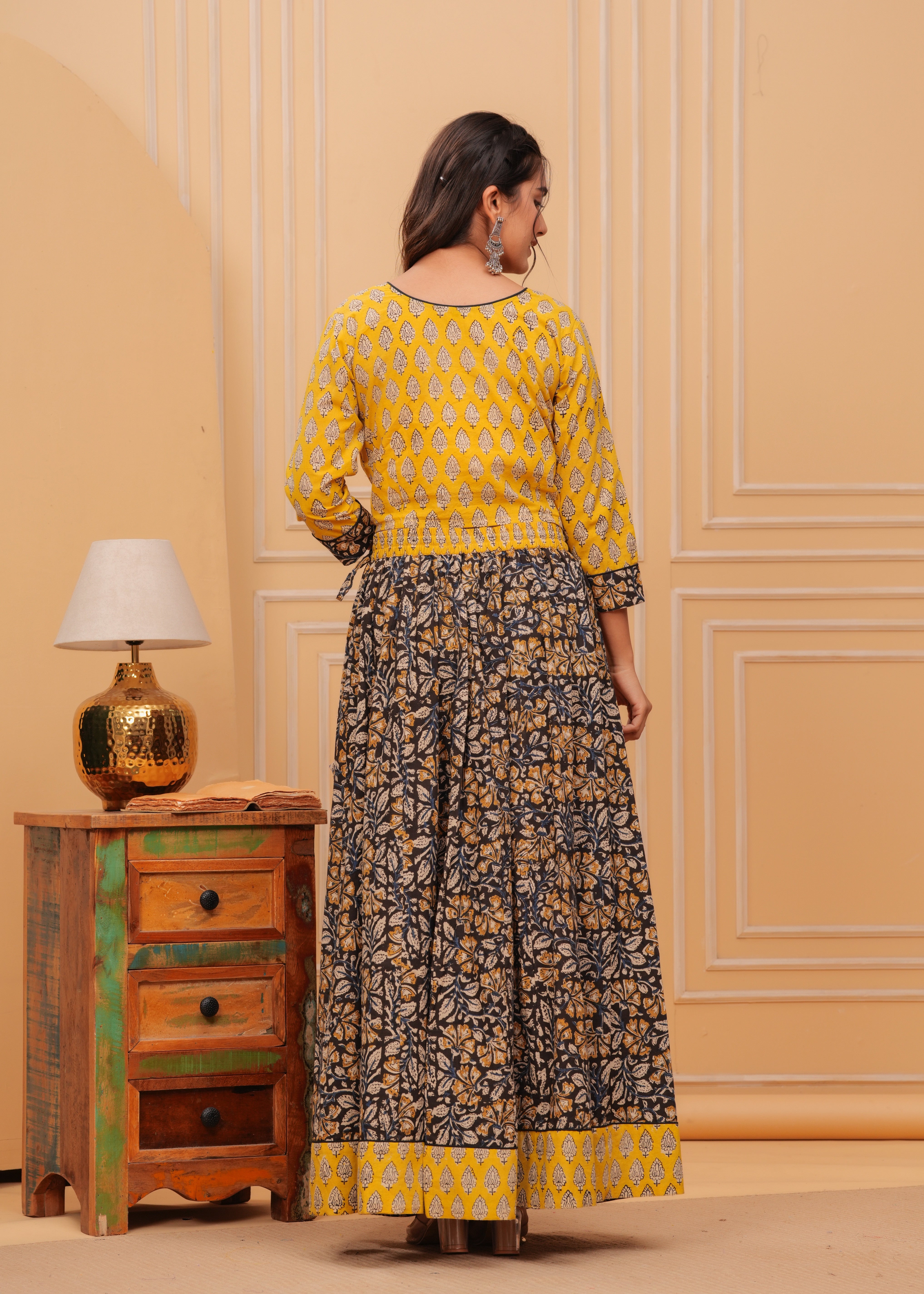 Ziyorah | Blockprinted Black & Yellow Lehanga Choli Set