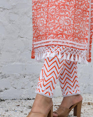 Ziyorah| Kota Doria Orange Suit Handblock Printed 3/4Th Sleeve