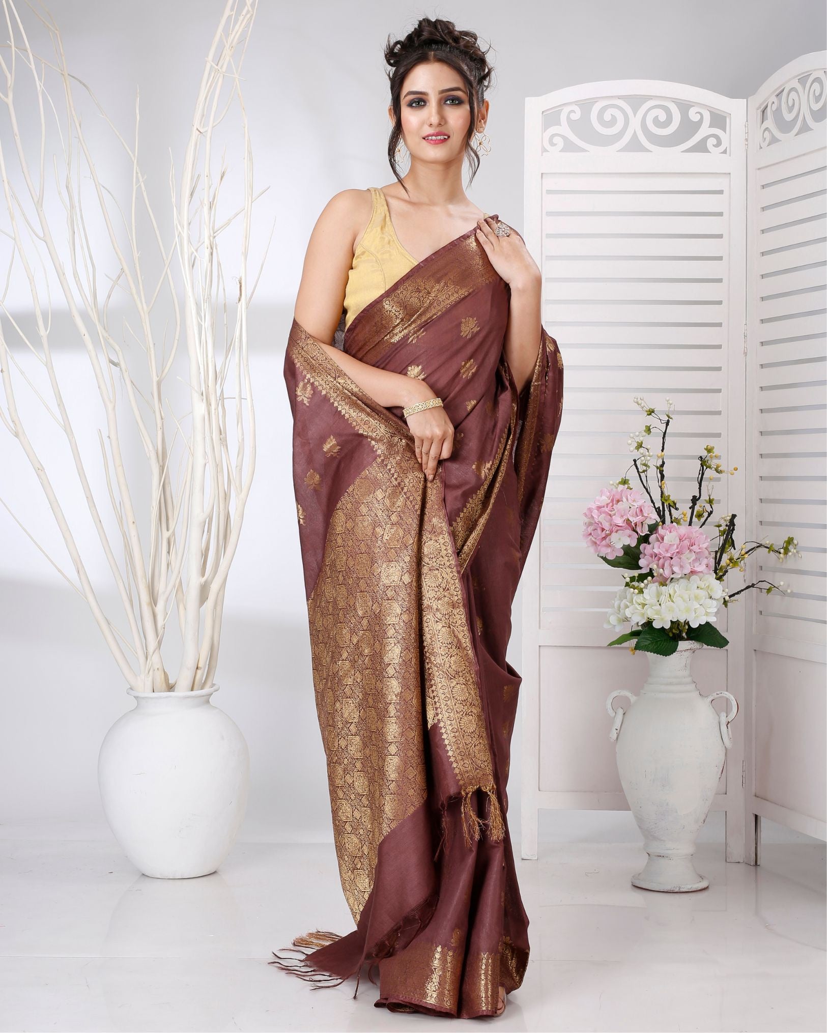 Ziyorah | Banarasi Katan Silk Brown Saree Jaquard Weaving Running Blouse