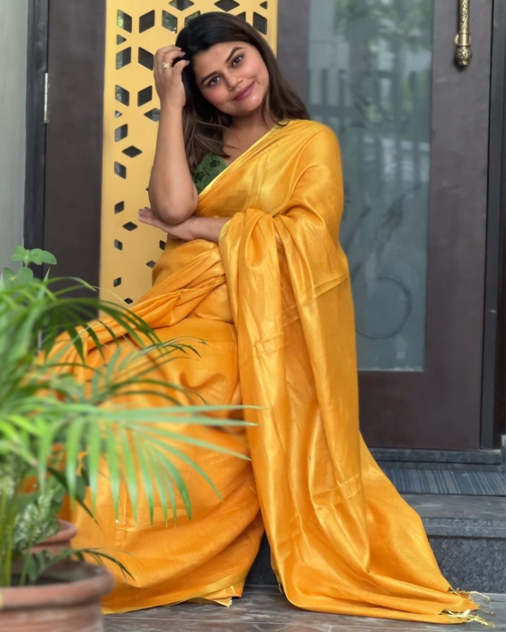 Ziyorah| Hand Dyed Pure Tissue Linen Yellow Color Saree With Running Blouse Hand Dyed