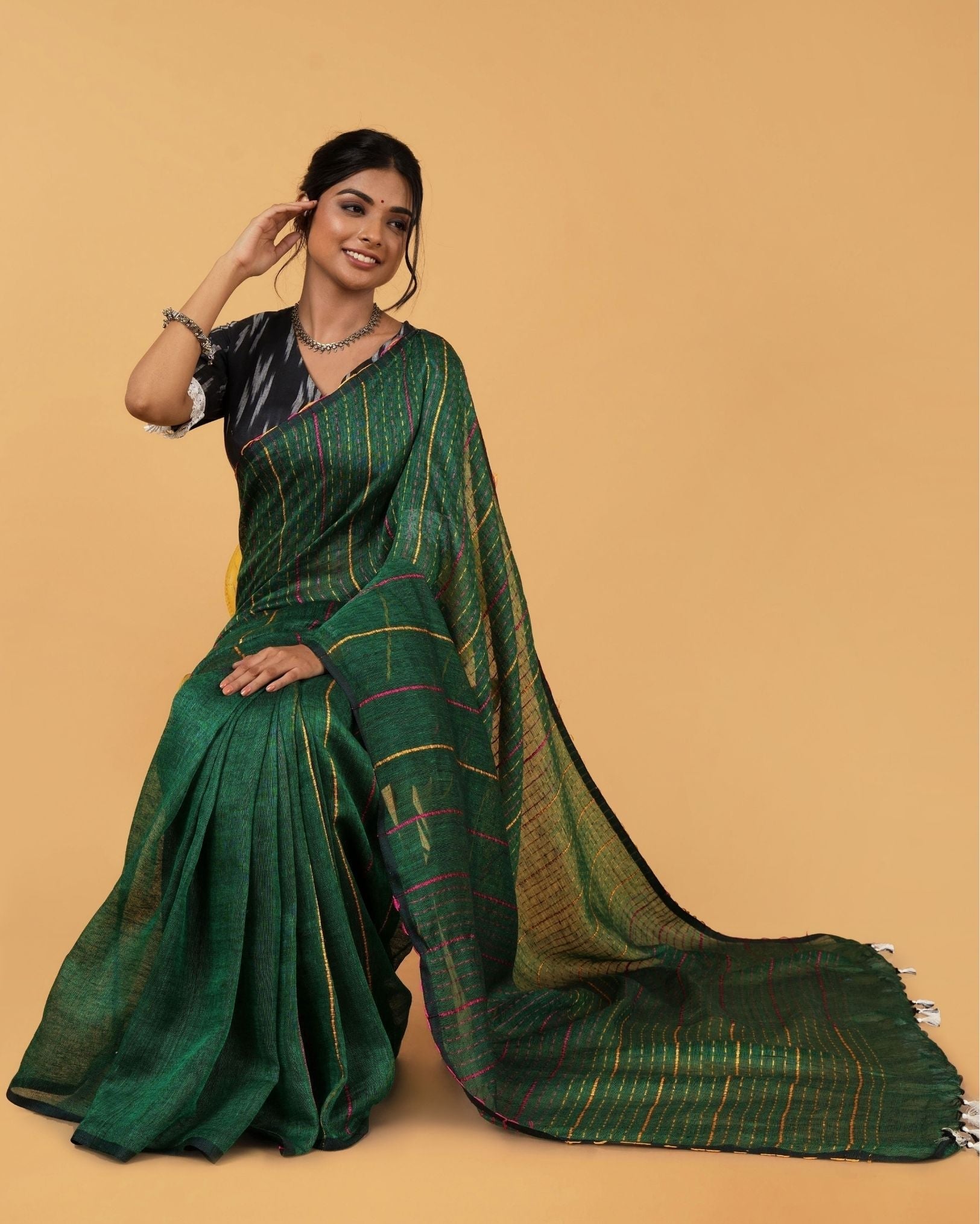 Ziyorah| Kantha Pure Linen Saree Spectra Green Colour With Kantha Blouse