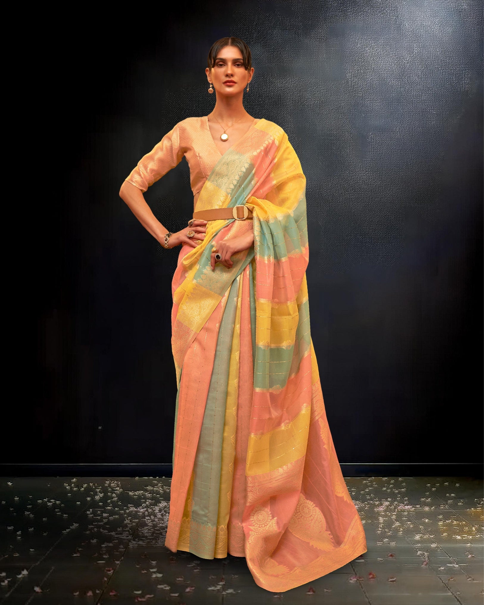 Ziyorah | Organza Banarasi Silk Pink & Yellow Saree