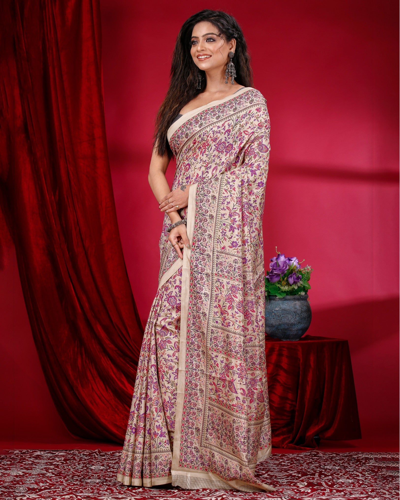 Ziyorah | Kashmiri Silk Beige & Pink Printed Saree