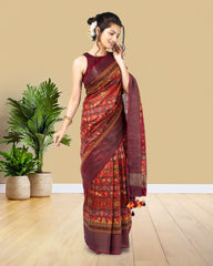 Ziyorah| Digital Printed Moonga Tussar Silk Red Saree With Running Blouse