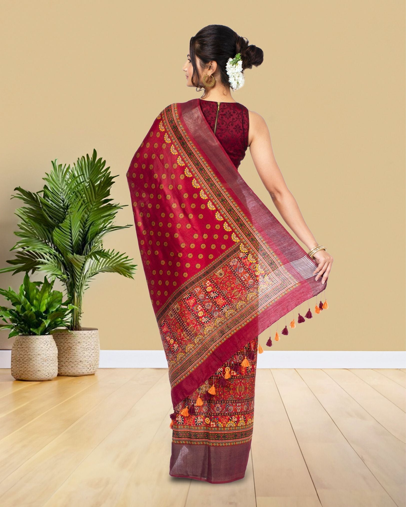 Ziyorah| Digital Printed Moonga Tussar Silk Red Saree With Running Blouse