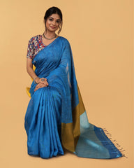 Ziyorah| Silk Linen Plain Saree Sky Blue Color With Contrast Border And Attached Running Blouse