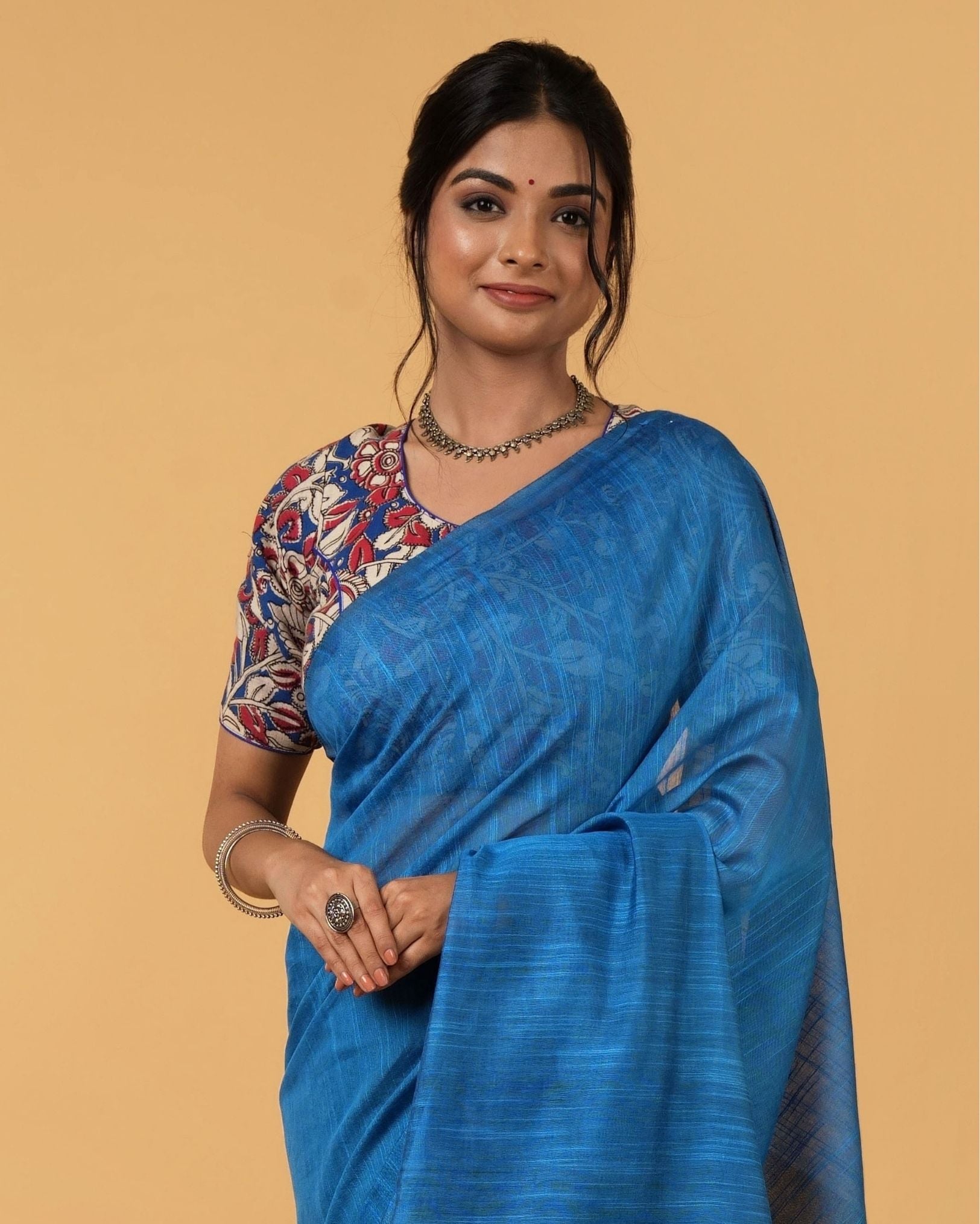 Ziyorah| Silk Linen Plain Saree Sky Blue Color With Contrast Border And Attached Running Blouse