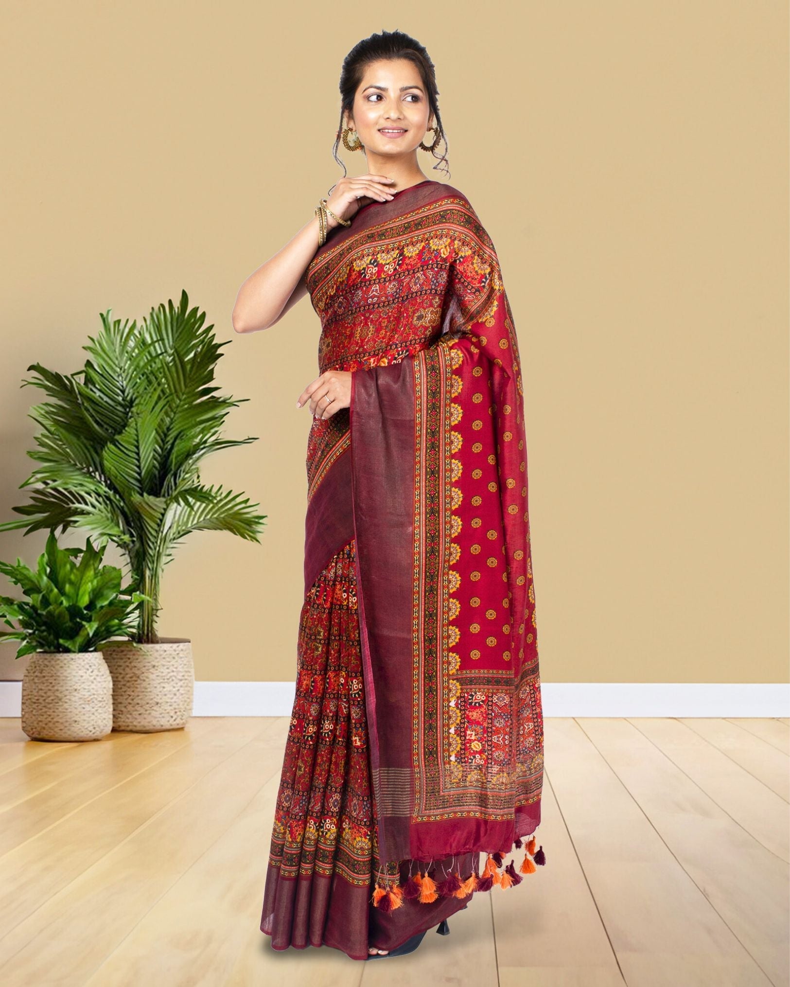 Ziyorah| Digital Printed Moonga Tussar Silk Red Saree With Running Blouse