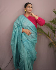 Ziyorah| Silkmark Certified Gichcha Tussar Handloom Hand Dyed Green Saree With Contrast Blouse