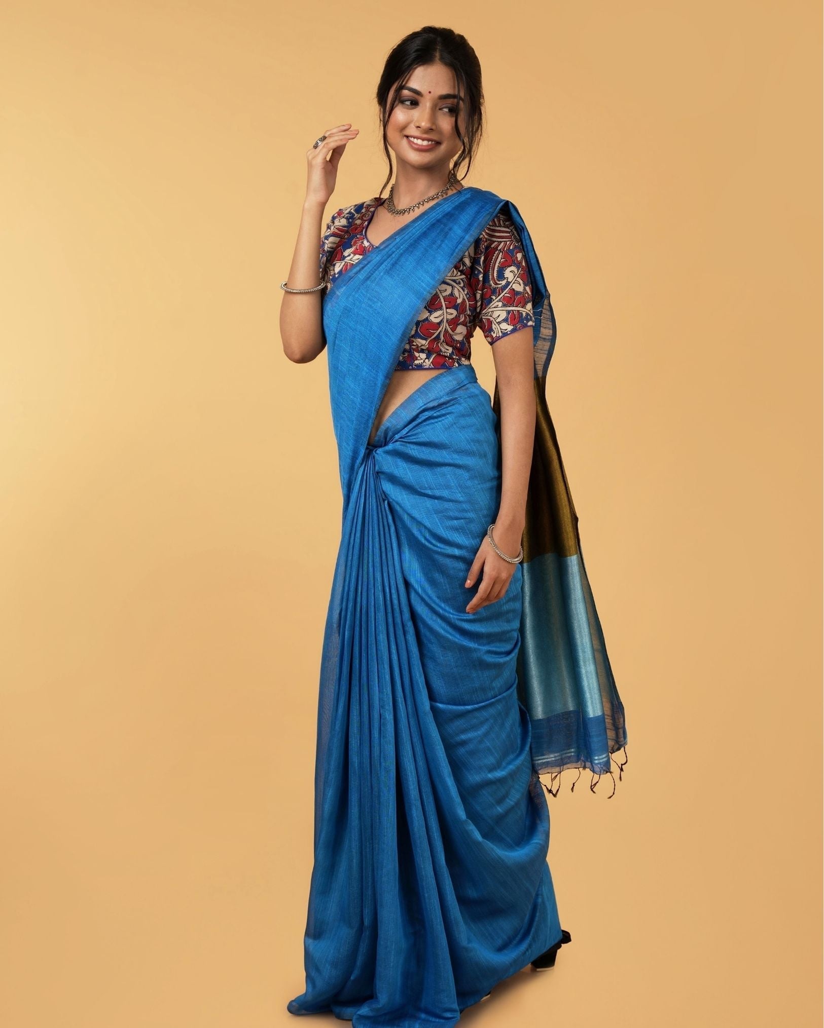 Ziyorah| Silk Linen Plain Saree Sky Blue Color With Contrast Border And Attached Running Blouse