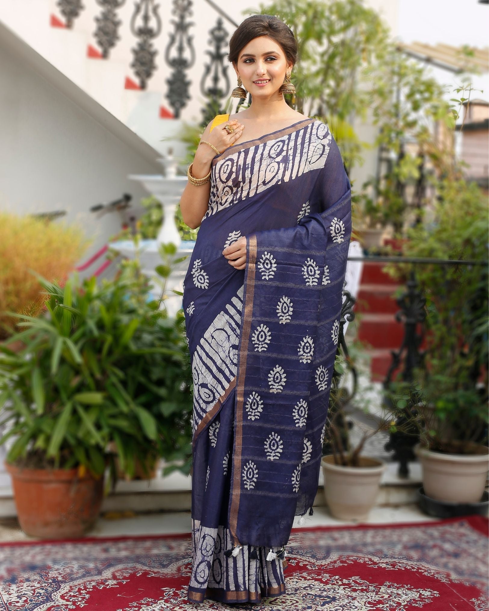 Ziyorah| Kota Silk Saree Slate Blue Color Batik Print With Running Blouse