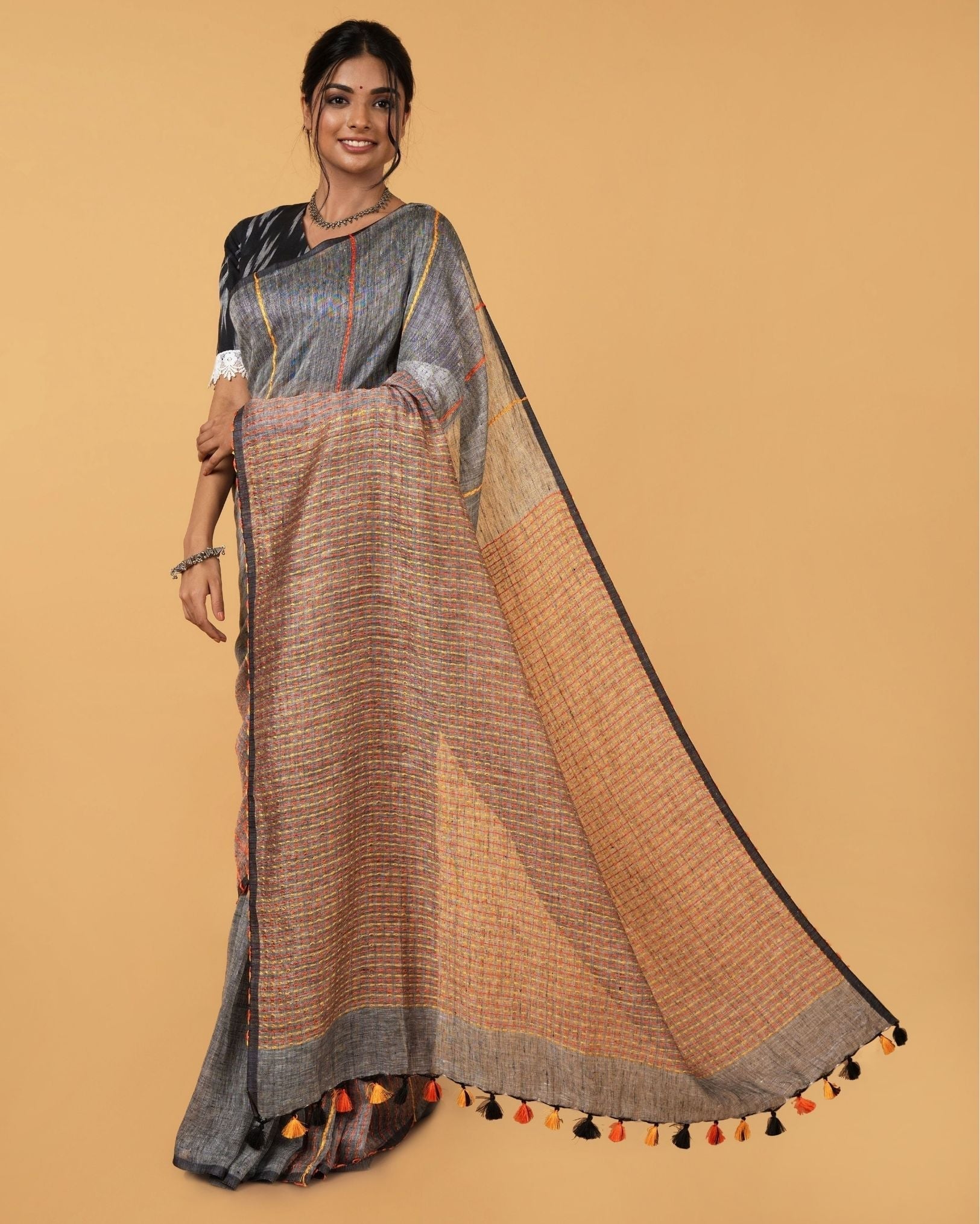 Ziyorah| Kantha Pure Linen Grey Saree With Kantha Blouse