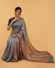 Ziyorah| Kantha Pure Linen Grey Saree With Kantha Blouse