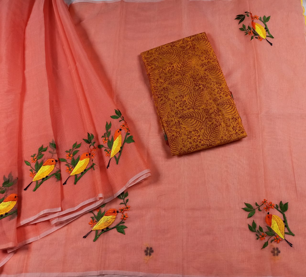 Ziyorah| Kota Doria Embroidery Red Saree With Blouse Handcrafted