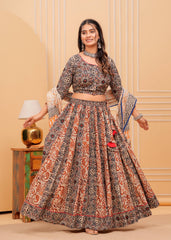 Ziyorah | Blockprinted Black & Red Lehanga Choli Set