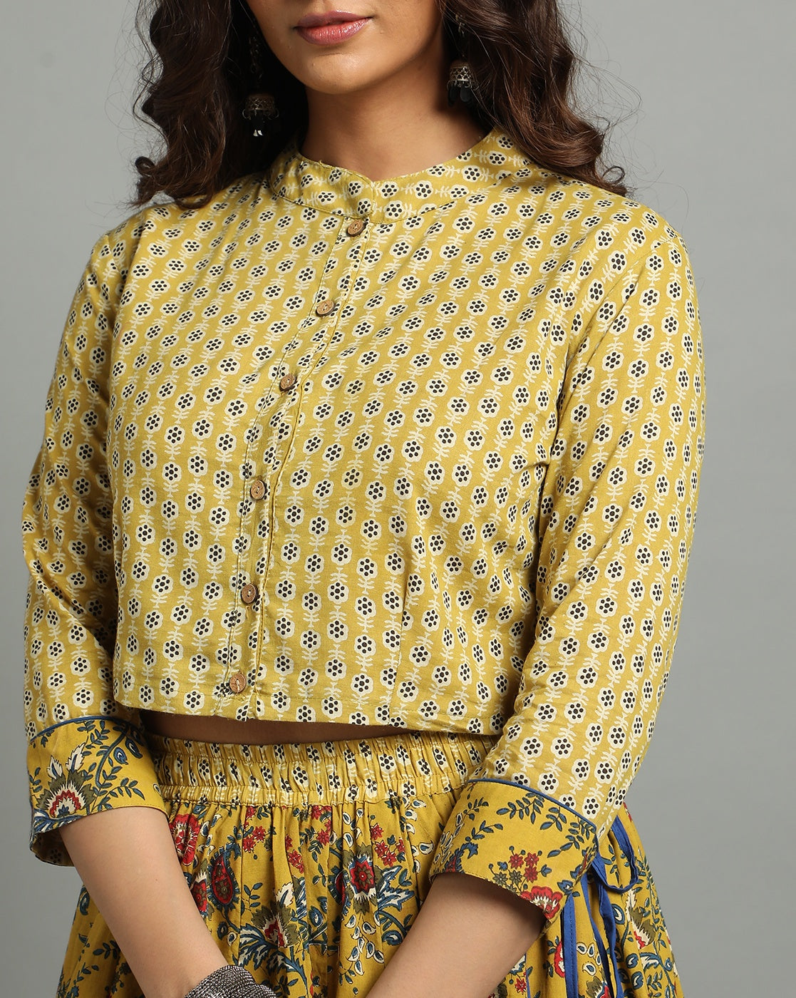 Ziyorah | Blockprinted Cotton Yellow Stitched Lehanga