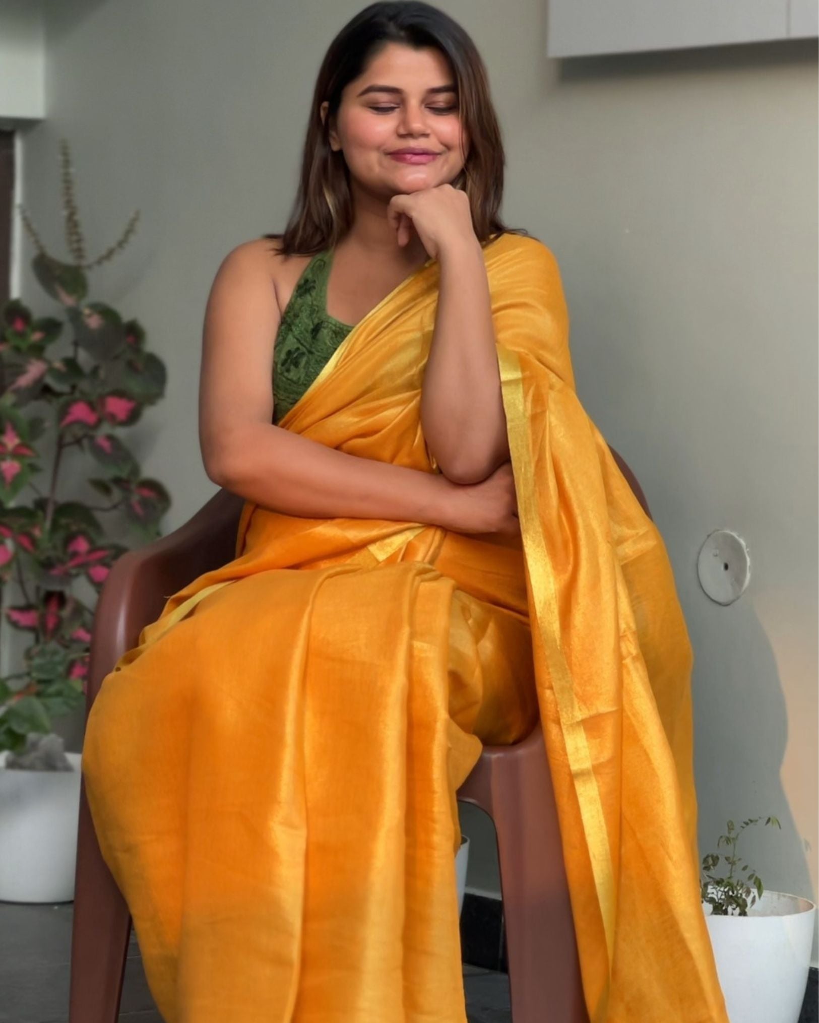 Ziyorah| Hand Dyed Pure Tissue Linen Yellow Color Saree With Running Blouse Hand Dyed