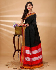 Ziyorah| Ilkal Handloom Cotton Silk Saree Black Color With Running Blouse